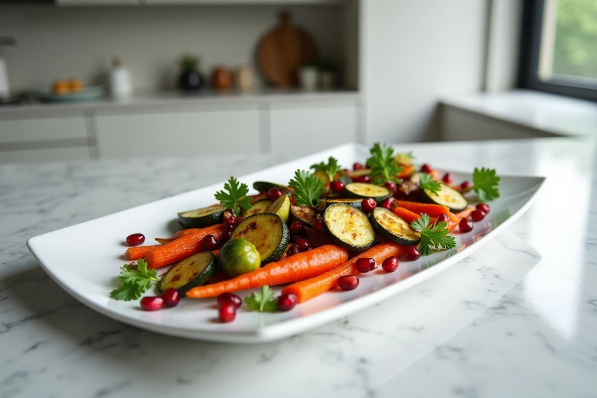Grand plat de service blanc garni de légumes rôtis colorés aux graines de grenade et persil plat sur un plan de travail en marbre gris dans une cuisine moderne
