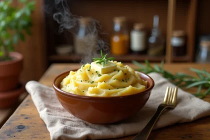 Bol en céramique rustique de purée de pommes de terre à l'ail rôti garnie de beurre aux herbes fondant et de ciboulette fraîche, posé sur une table en chêne campagnarde