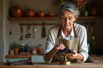 Femme pesant des gousses de vanille en vrac sur une balance de cuisine rustique pour comparer le prix au kilo
