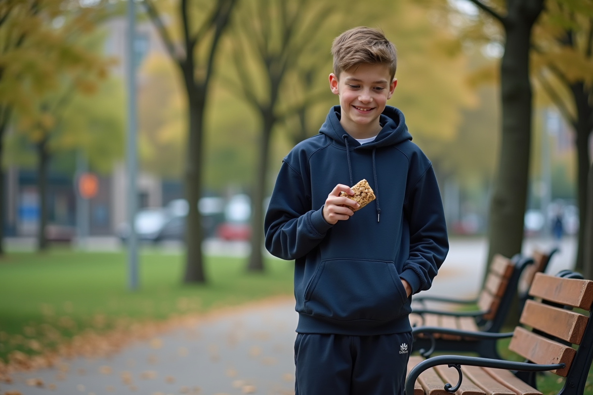 Adolescent dans un parc urbain dégustant une barre de granola