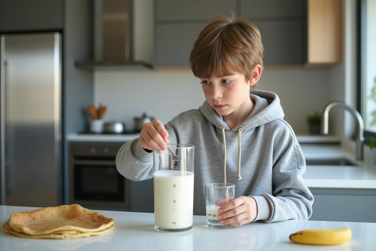 Adolescent mesurant du lait avec un verre ordinaire pour doser les ingrédients d'une pâte à crêpes sans balance