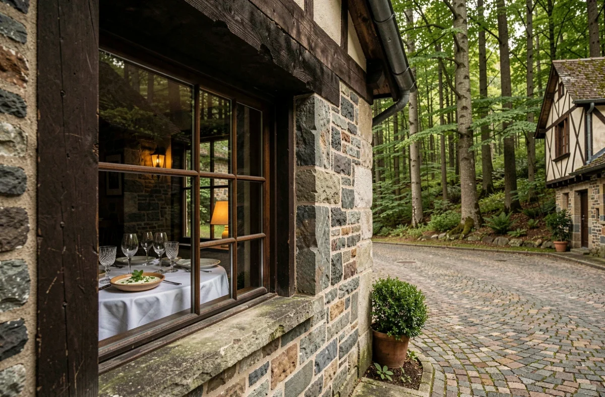 Façade du restaurant Ail des Ours à Lyons-la-Forêt avec vue sur la forêt de hêtres et village normand