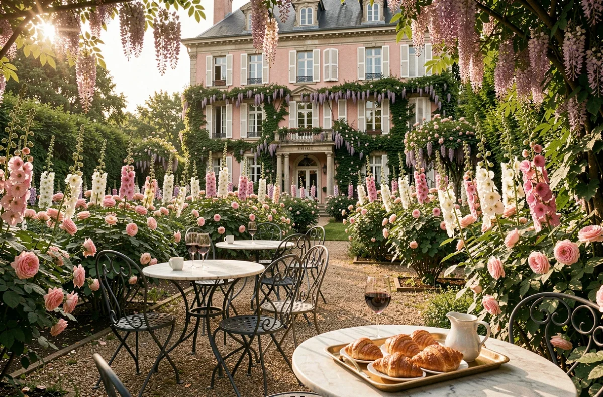 Terrasse fleurie de l'Ancien Hôtel Baudy à Giverny avec tables de jardin Belle Époque et rosiers en fleurs