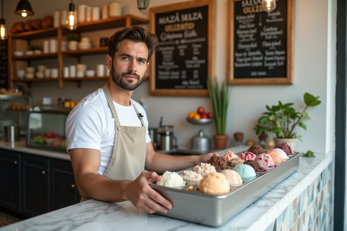 Jeune artisan gélatier présentant un bac de glace fraîche dans une gelateria italienne authentique