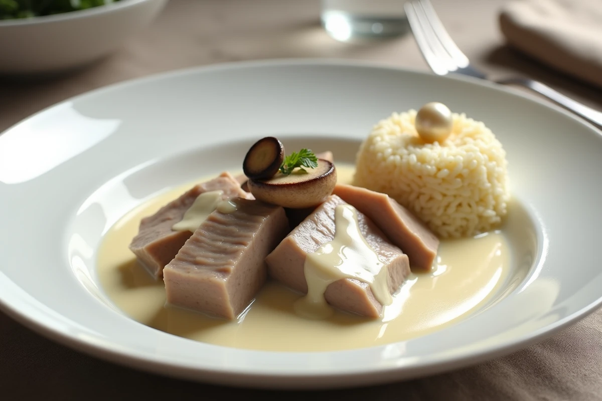 Assiette de blanquette de veau servie avec du riz basmati dans un bol blanc sur une nappe en lin