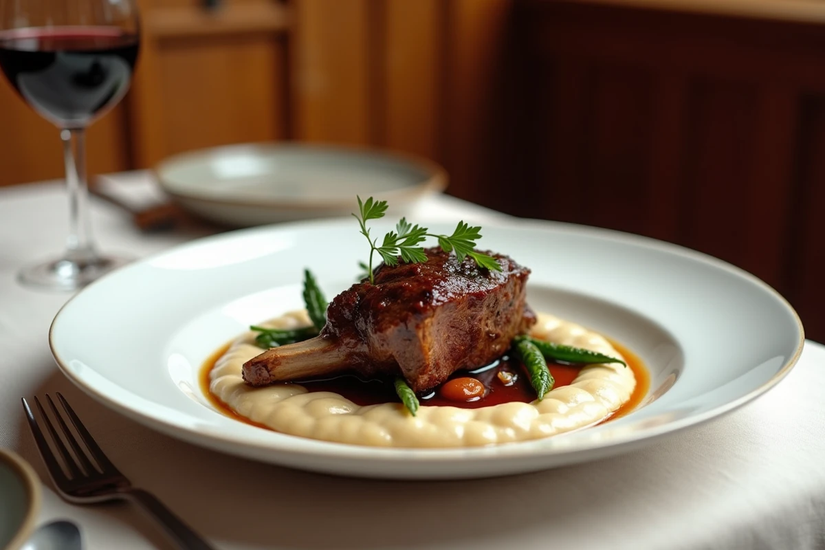 Assiette de présentation d'épaule d'agneau confite avec jus réduit, purée de haricots blancs et herbes fraîches dans un bistrot français