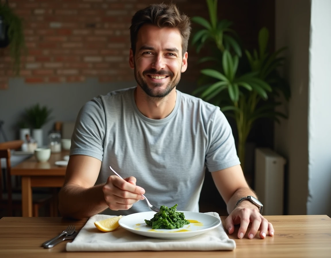 Homme dégustant une assiette d'épinards cuits à la maison avec de l'huile d'olive et du citron