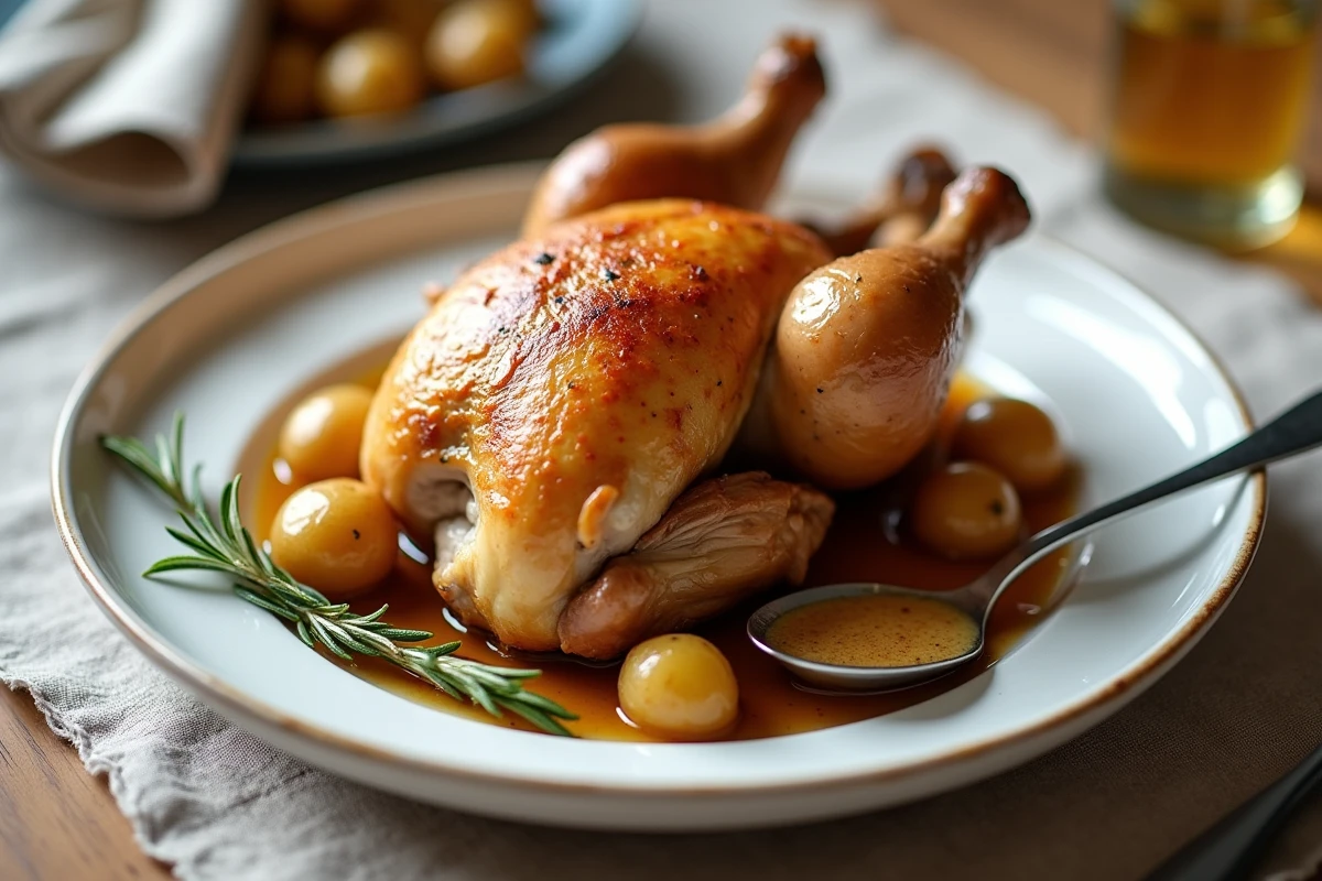 Assiette de poulet rôti moelleux avec pommes de terre et jus de cuisson, préparation express au four