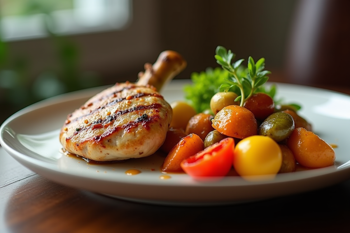 Assiette de poulet grillé avec légumes vapeur et rôtis