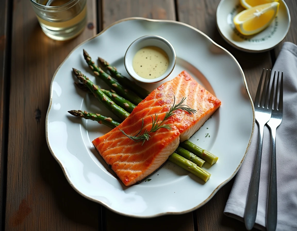 Assiette de saumon au four avec peau dorée croustillante accompagné d'asperges et sauce citron aneth