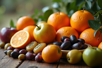 Assortiment de fruits frais commençant par O sur table en bois