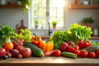 Assortiment de légumes et fruits frais sur une table en cuisine