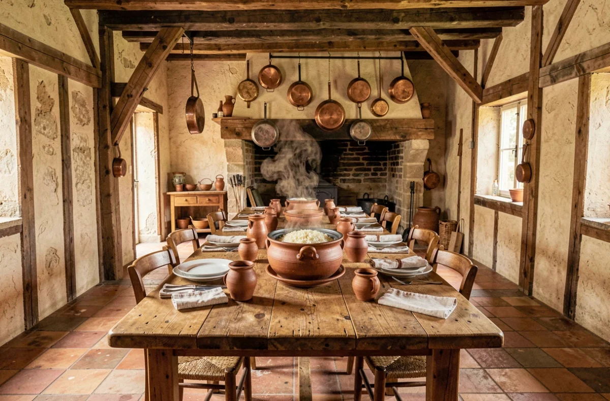 Salle de repas rustique de l'Au Relais Normand à Cormeilles, avec cheminée en pierre et vaisselle normande