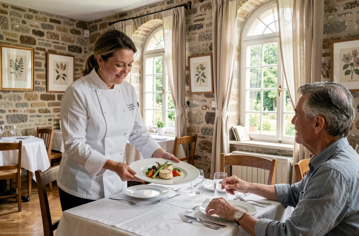 Chef de L'Auberge de la Brie à Couilly-Pont-aux-Dames présentant un plat raffiné dans une salle au décor champêtre