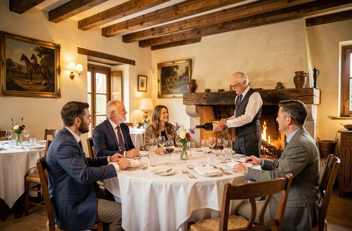 Sommelier versant du vin dans la salle chaleureuse de l'Auberge de la Gueulardière à Ozoir-la-Ferrière