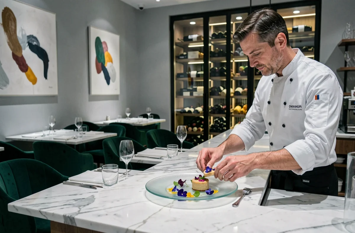Chef de L'Axel à Fontainebleau finalisant une assiette gastronomique créative dans un cadre contemporain et élégant