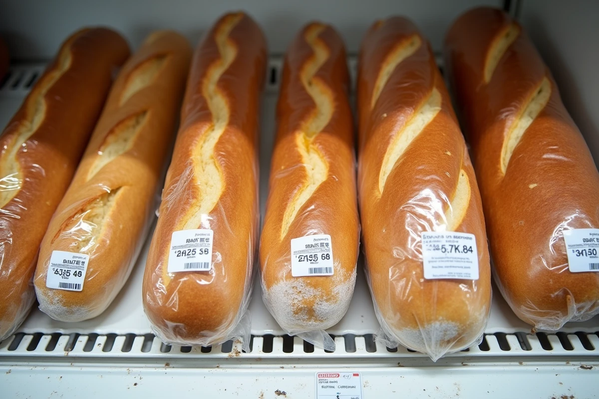 Rayonnage de supermarché avec plusieurs baguettes emballées et étiquettes de prix comparatives