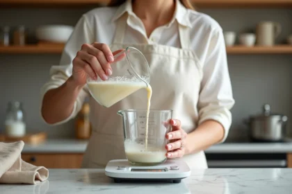 Femme versant 125 grammes de liquide depuis une balance de cuisine dans un verre doseur gradué sur un plan de travail en marbre
