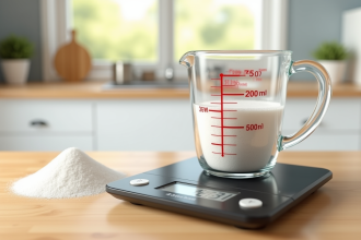 Balance de cuisine numérique avec tasse de 200ml et sucre renversé