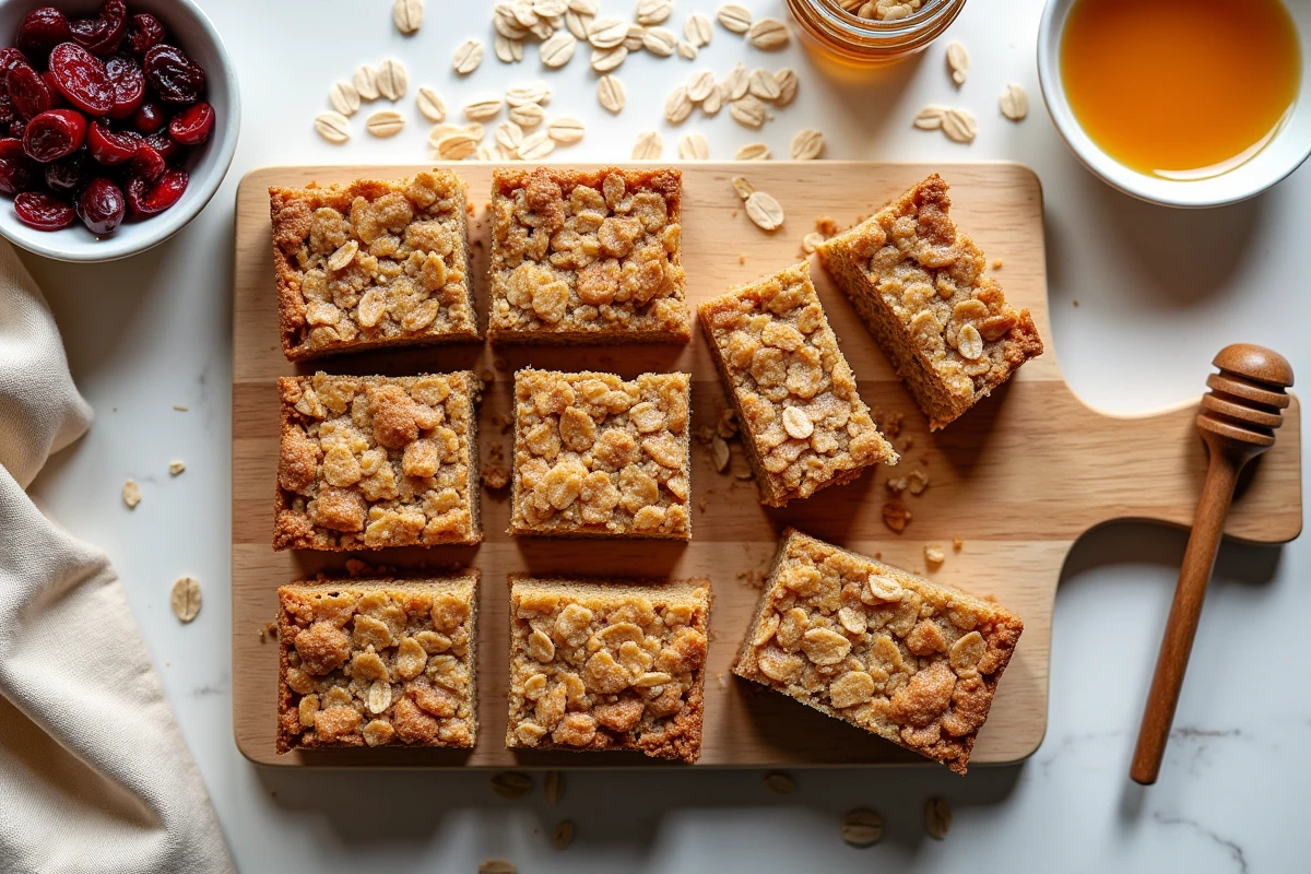 Barres de céréales maison à l'avoine coupées sur une planche en bois, dont une avec une texture friable