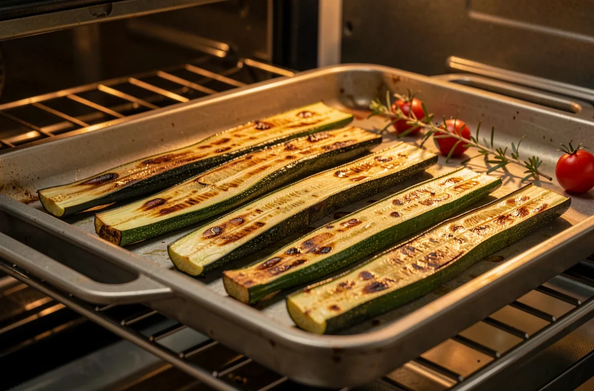 Bâtonnets de courgette rôtis sur une plaque de four avec tomates cerises