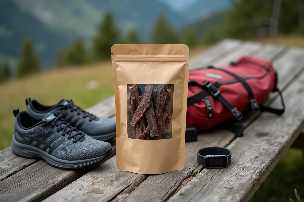 Sachet de beef jerky posé sur une table en pierre entouré d'équipements de sport outdoor en montagne