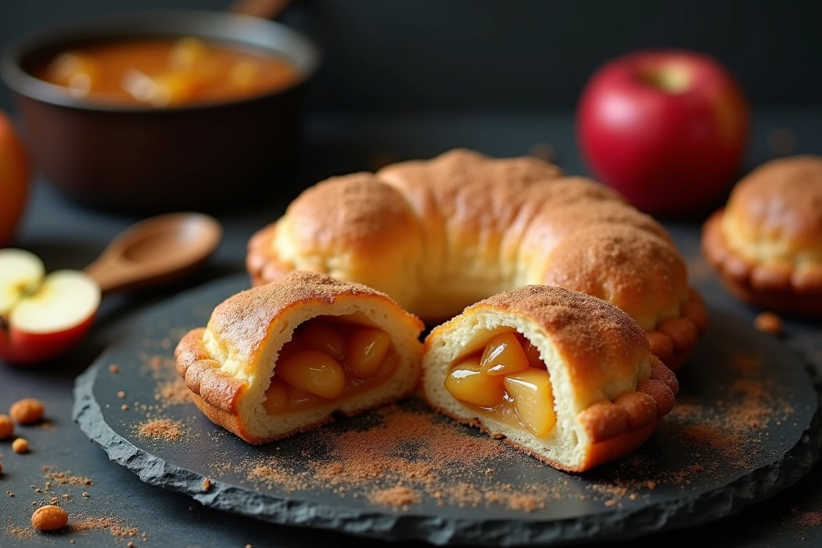 Beignet aux pommes cuit au four coupé en deux révélant un intérieur moelleux avec des morceaux de pomme caramélisés