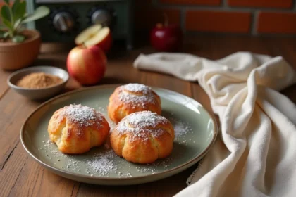 Beignets aux pommes cuits au four dorés saupoudrés de sucre glace sur une assiette en céramique rustique