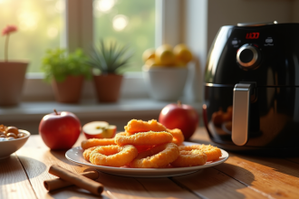 Beignets de pommes faits maison sur une table en bois avec friteuse moderne