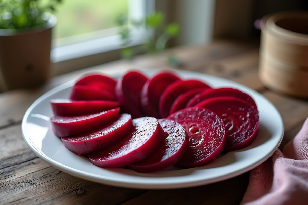 Betteraves rouges tranchées sur une assiette en cuisine rustique