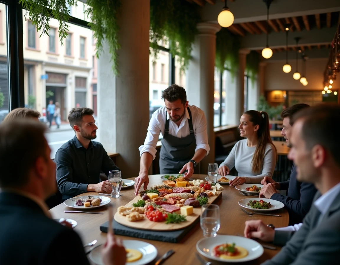 Manager présentant un plateau de partage à un groupe dans un bistro moderne du Vieux-Lille