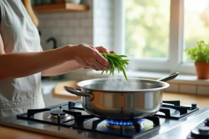 Femme blanchissant des haricots verts frais dans une casserole d'eau bouillante avant cuisson à la cocotte minute