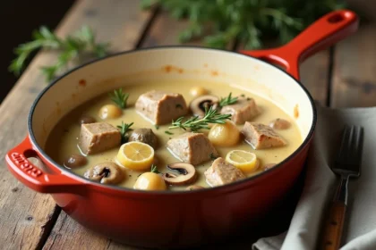 Blanquette de veau crémeuse dans une cocotte en céramique rustique sur une table en chêne avec du thym frais