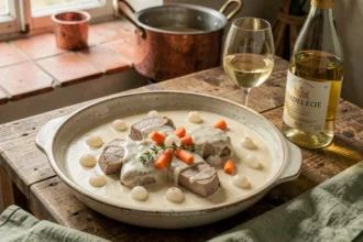 Blanquette de veau crémeuse servie dans un plat rustique avec un verre de vin blanc Chardonnay sur une table en bois de ferme française