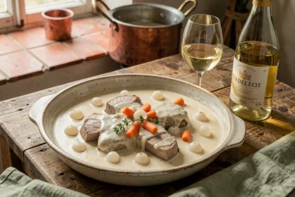 Blanquette de veau crémeuse servie dans un plat rustique avec un verre de vin blanc Chardonnay sur une table en bois de ferme française