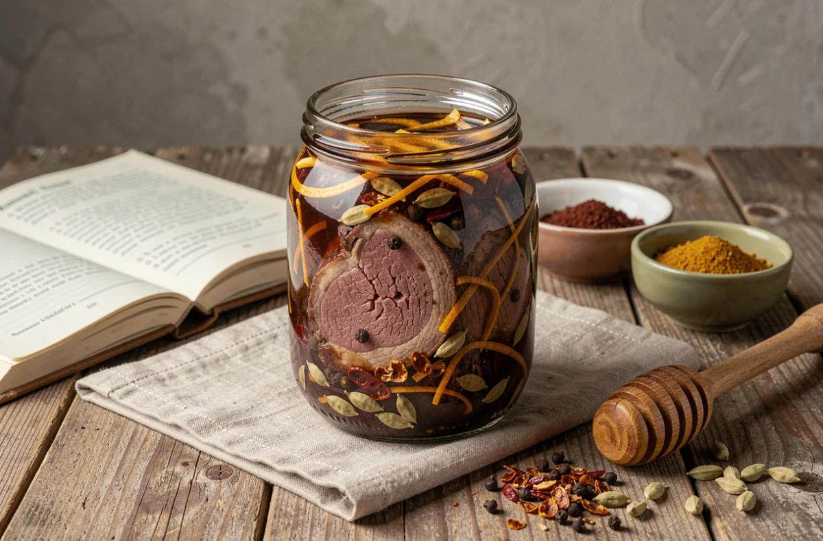 Bocal en verre contenant une marinade de chevreuil au miel et épices posé sur une table en bois rustique