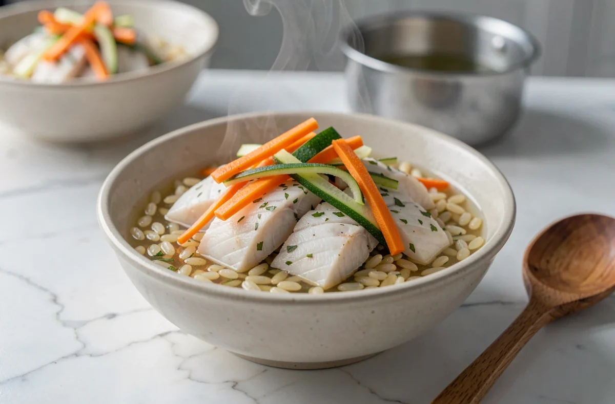 Bol de julienne de poisson au riz et légumes colorés en gros plan sur marbre blanc