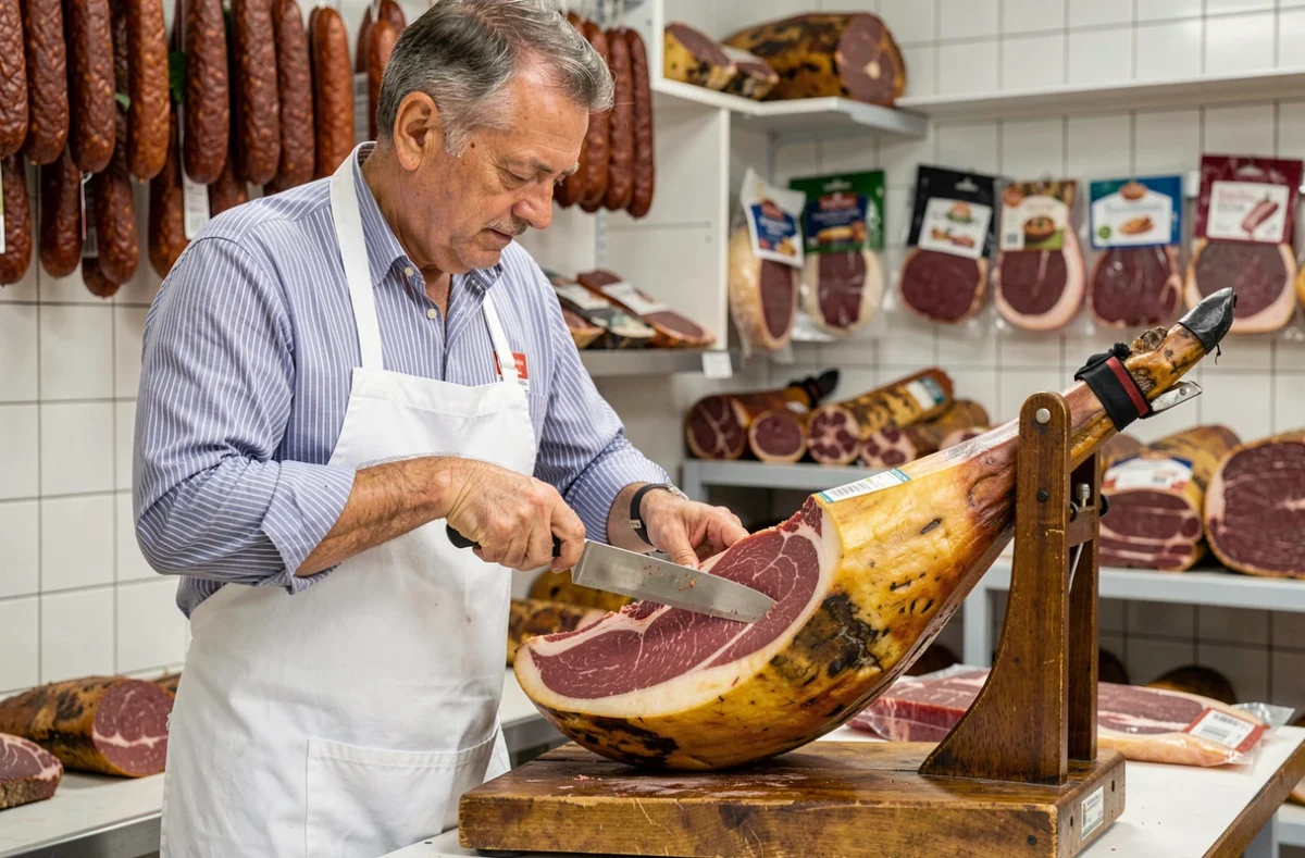 Boucher basque tranchant un jambon de Bayonne affiné dans une charcuterie artisanale de Dancharia
