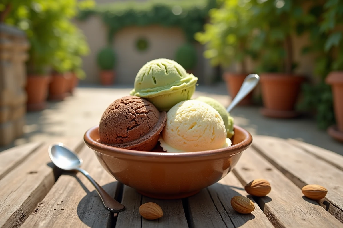 Trois boules de glace artisanale pistache chocolat et vanille dans un bol en céramique sur une terrasse italienne