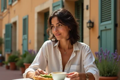 Femme savourant un brunch en terrasse dans une ruelle provençale d'Hyères avec café et tartine avocat