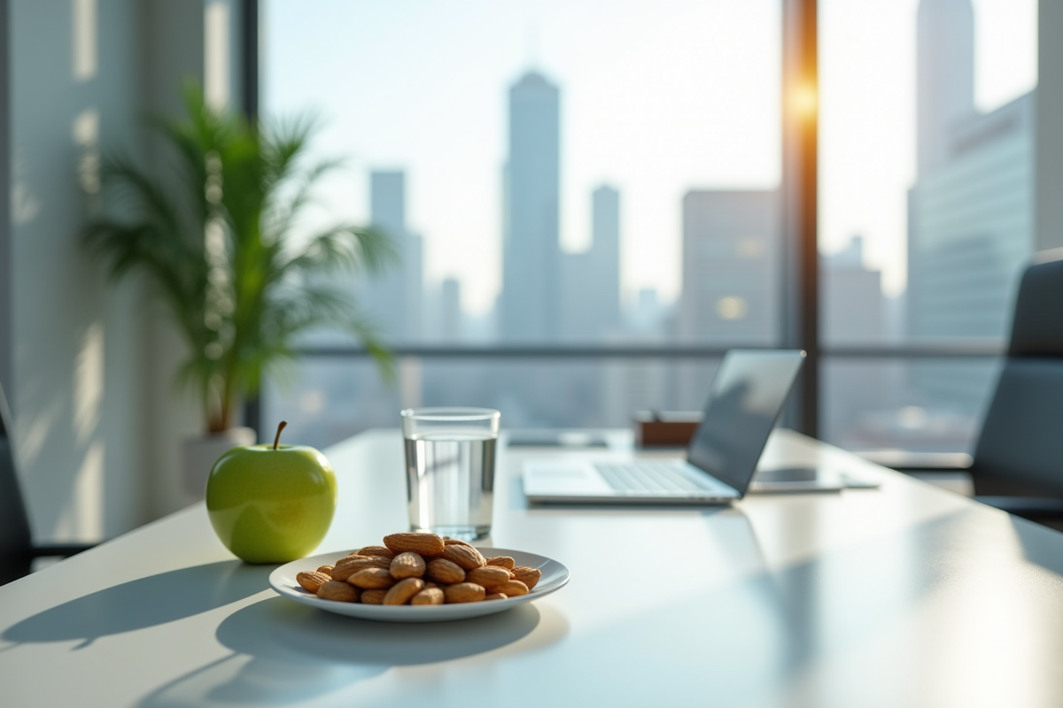 Bureau moderne avec pomme verte et amandes en lumière naturelle