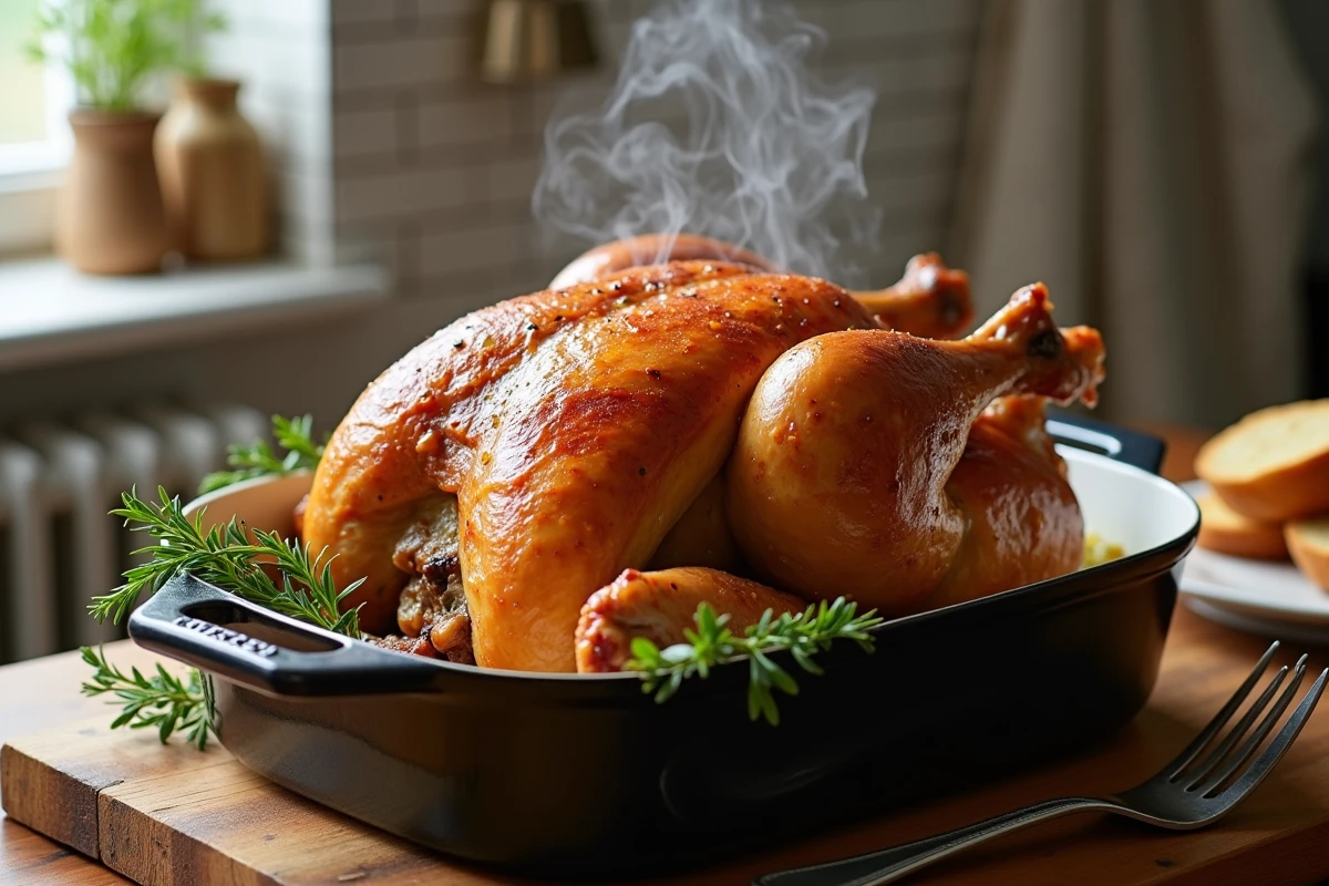 Capon rôti chaud dans un plat en émail sur une table en bois