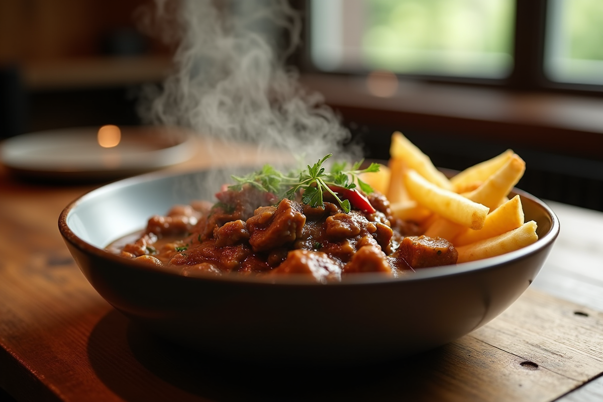 Bol de carbonnade flamande fumante sur table en bois