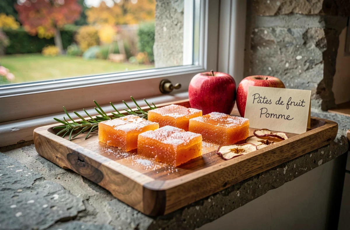 Carrés de pâte de fruit à la pomme sur plateau en bois près d'une fenêtre avec pommes Fuji