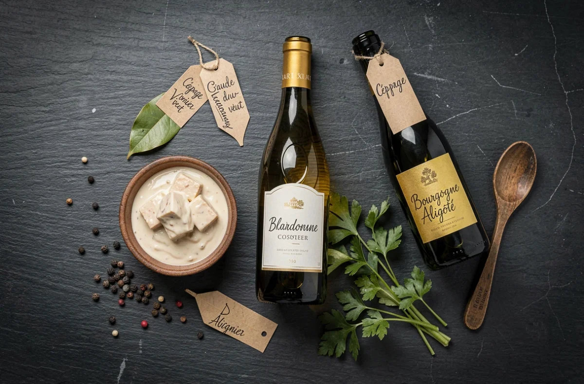 Présentation éditoriale de différents cépages de vin blanc avec une sauce blanquette de veau dans un bol rustique sur ardoise sombre pour illustrer le choix du vin