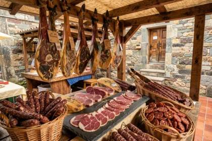 Étal de charcuterie basque avec jambons de Bayonne, saucissons et chorizo dans un marché couvert rustique à Dancharia