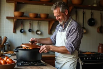 Chef français en cuisine rustique levant un couvercle de casserole