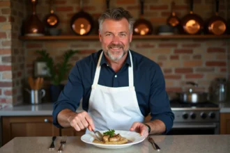 Chef français en cuisine authentique prépare veau en sauce