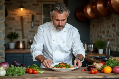Chef cuisinier français étoilé dressant une assiette végétale durable dans une cuisine gastronomique moderne en pierre