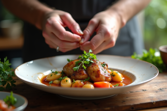 Chef garnissant un plat de lapin en sauce avec herbes fraîches
